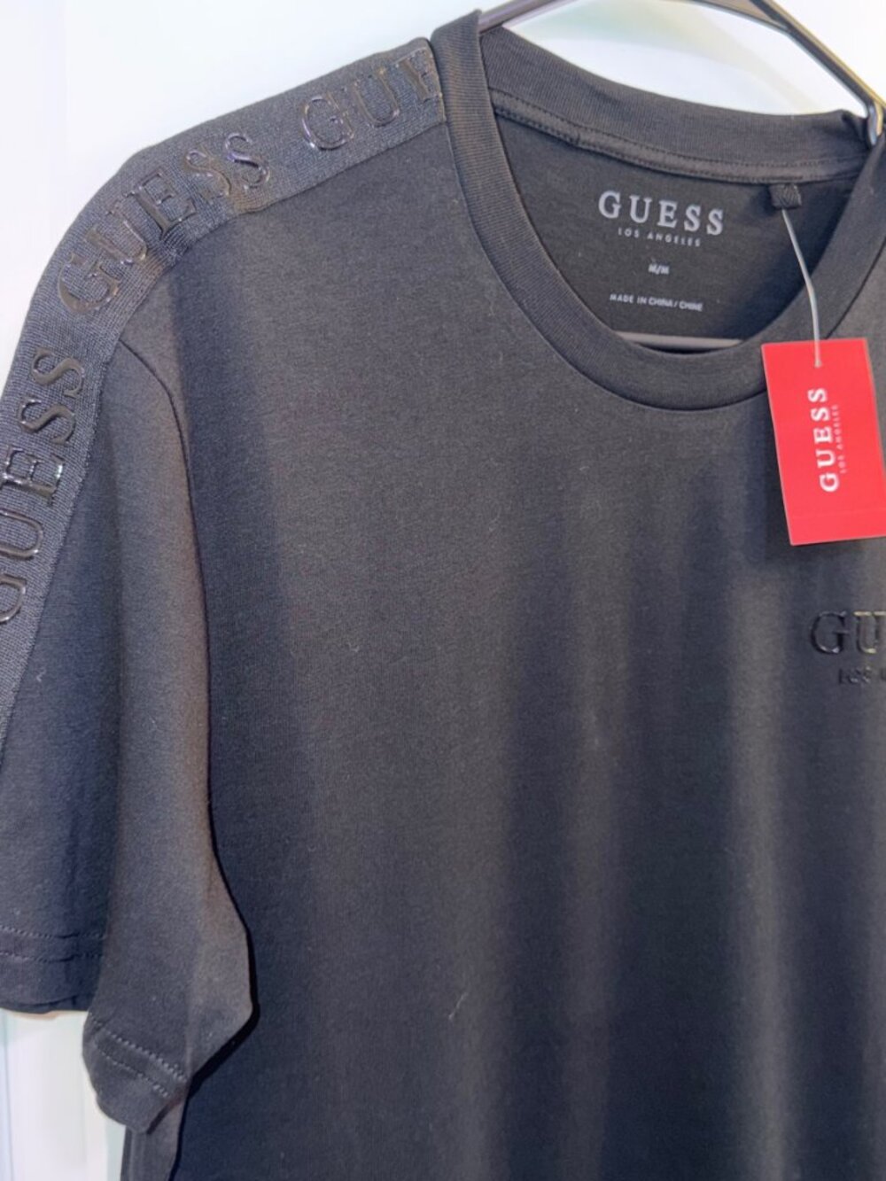 Guess Paxx Ian Tape Crew T-Shirt Mens Jet Black Logo Tape Tee T6GI54K8502 M - Picture 2 of 8